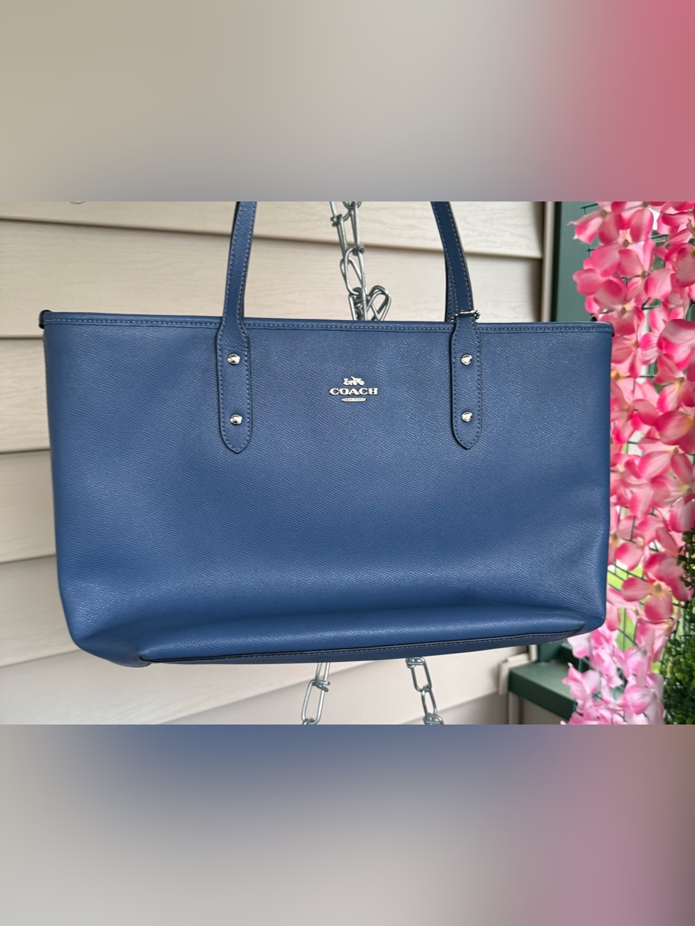 Coach F58846 City Zip Tote Blue Crossgrain Leather Shoulder Bag Gold Logo